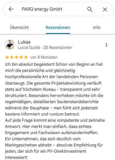 Screenshot einer Fünf-Sterne-Google-Rezension zu PARQ energy GmbH von einem Nutzer namens Lukas